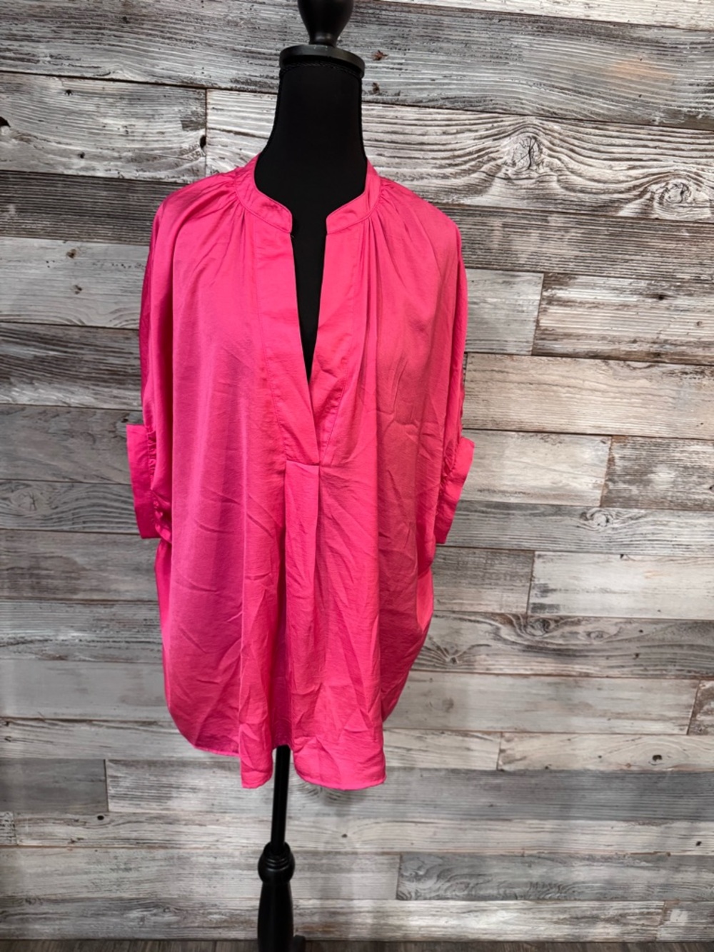 NWT glam Hot Pink Silky Split-V Neck Roll-Tab Tunic